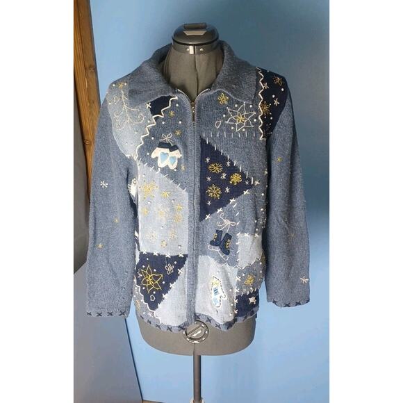 Vintage Studio Fa La La Sweater/Jacket Zip-Up Embroidered Christmas Holiday Fun - Picture 12 of 16